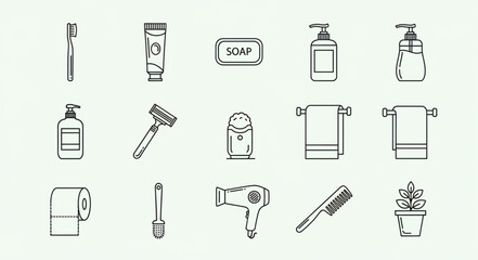 Obraz premium Collection of bathroom hygiene and grooming items in a simple line drawing style.