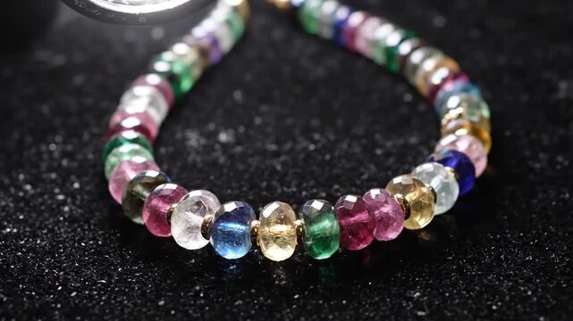 Close-up of a vibrant colorful gemstone beaded bracelet sparkling on a dark