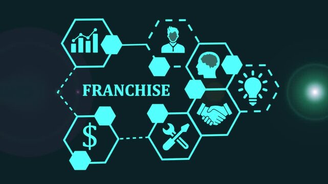 Digital marketing concept with FRANCHISE text and interconnected hexagonal icons franchise business model