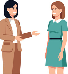 Two women in leadership roles standing together, symbolizing International Women's Day Diversity and empowerment, communicating effectively in a modern setting.eps