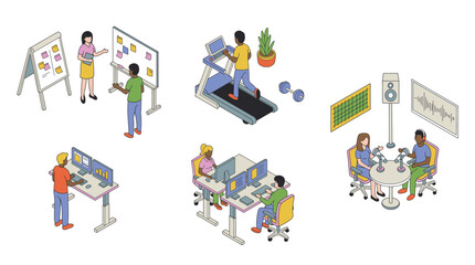 Fototapeta premium Isometric Modern Office Workspace with Podcast Studio and Treadmill Fitness Concept