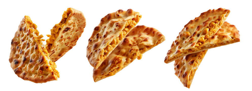 Chickpea flatbread with crispy golden brown texture and cut slices isolated on white background. Concept of Argentina Faina food