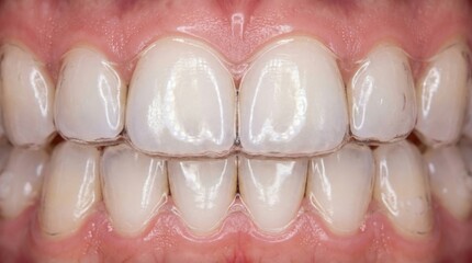 Close-up of white teeth with clear orthodontic aligners