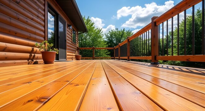 wooden bridge over the river, Modern Cedar Wood Deck on Luxury Log Cabin Home