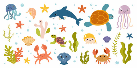 Colorful cartoon illustration of various marine life and sea creatures © Milton