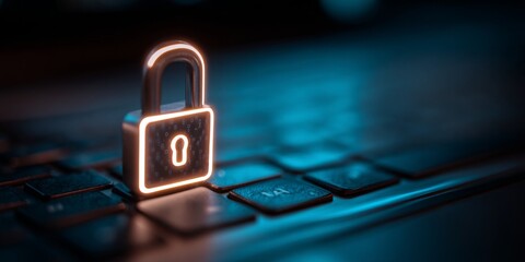 Secure Data Protection and Cybersecurity Concept with Digital Lock Icon Overlaid on Laptop for Online Safety and Privacy Management