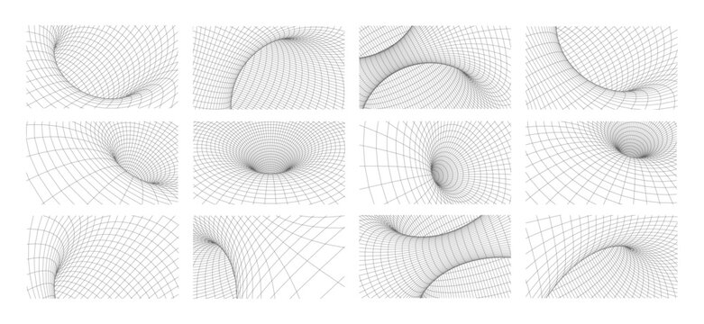 Abstract geometric 3D wireframe mesh tunnel with perspective grid lines in minimalist black and white style for technology, business, science and digital network designs, futuristic vector.