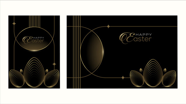 Happy Easter Luxury Black and Gold Background &ndash; Elegant Abstract Premium Golden Eggs Social Media Post, Banner, Wallpaper, Editable Vector Template. 