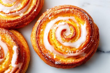 Fototapeta premium Delicious Danish pastries with icing on a marble surface Generative AI