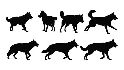 Silhouettes of various dog breeds showcasing different postures and movements. isolated on white background, Vector