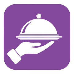 Fototapeta premium White hand holding covered serving dish on purple background square icon icon