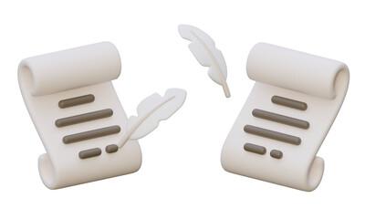  3D rendered ancient paper scroll and white quill pen set isolated