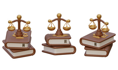3D rendered justice scales placed on law books isolated