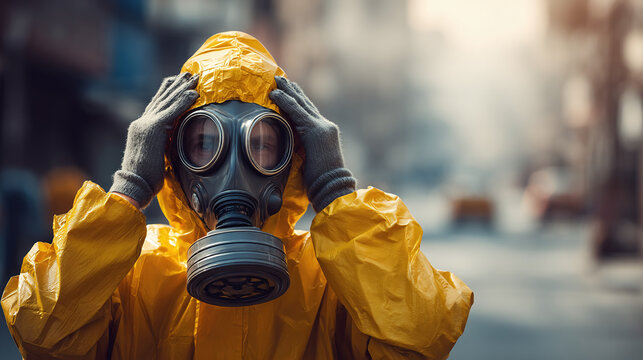 Worker in Protective Suit With Gas Mask During Safety Drill in Industrial Setting