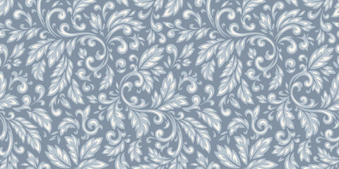 Fototapeta premium Silver Grey Floral Scroll Seamless Pattern. Ornate Arabesque and Damask Motifs with Botanical Swirls. Decorative Ethnic Texture. Vector Handmade Illustration.