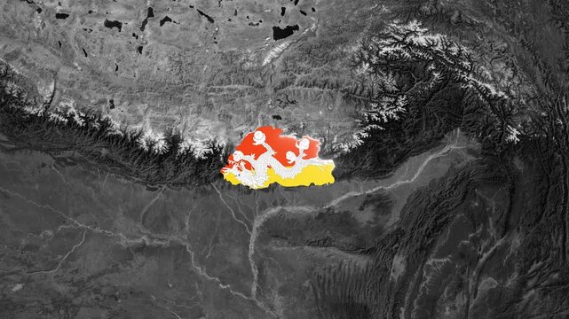 Bhutan Highlighted on World Map with National Flag Overlay 4k animation video