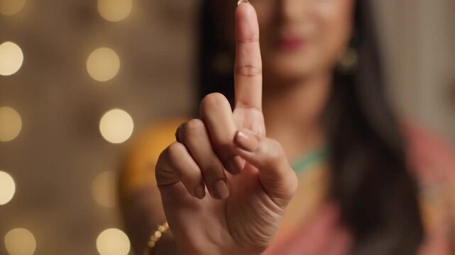 A person's hand is raised in a clear stop gesture against a blurred background