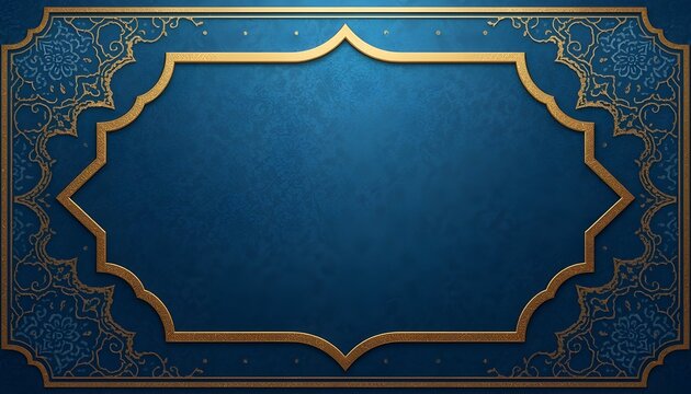 Elegant islamic geometric frame border design on deep blue textured background for copy space