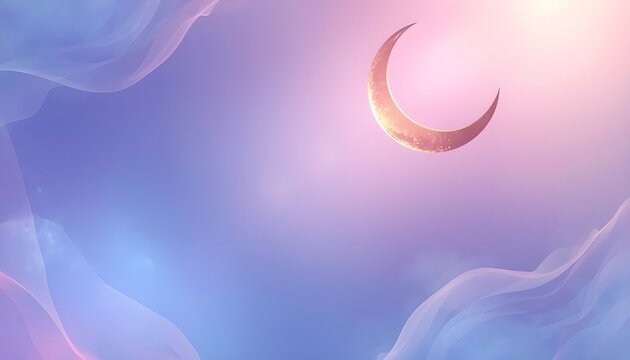 Golden crescent moon in a dreamy purple and pink sky with ethereal clouds, mystical night scene
