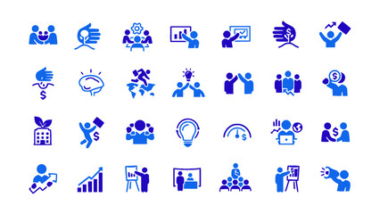 Professional corporate strategy and management icon set in blue gradient style. Includes planning, leadership, analytics, growth charts, workflow, and team collaboration concepts.