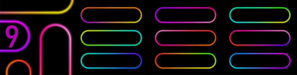 Colorful blue, purple, green and red neon pill buttons with LED glow and soft borders. Perfect for neon action call elements, casino banners, website interfaces, and modern app UI design. © Elena