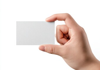 A hand holding up a blank, white rectangular card against a pristine white background
