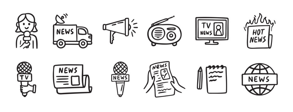 Set of hand drawn news media icons, TV journalism and press sketch style elements collection