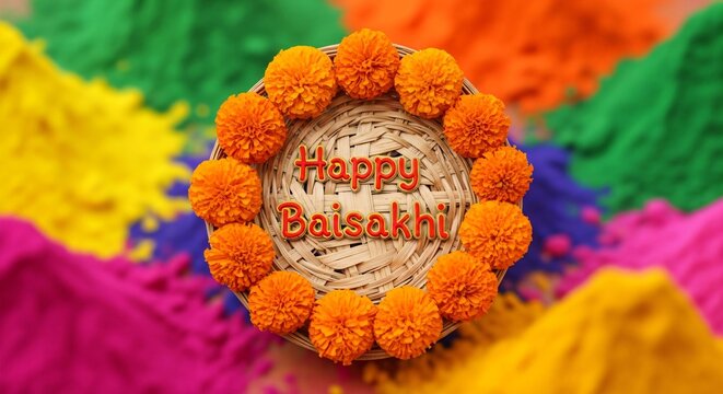 a photo text of the worrd " Happy Baisakhi " written with pen bursh and baisakhi Celebration Background.