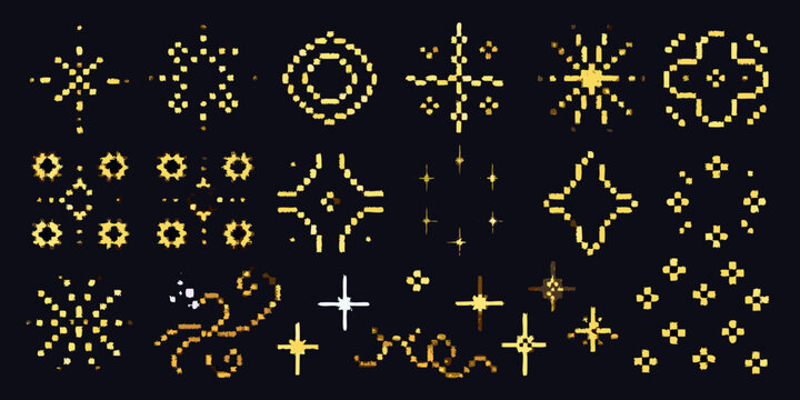 Collection of golden pixelated starbursts and magical glowing symbols