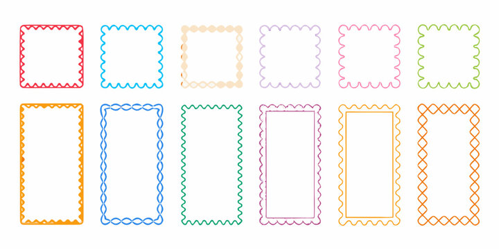 Colorful postage stamps with various borders arranged in two rows