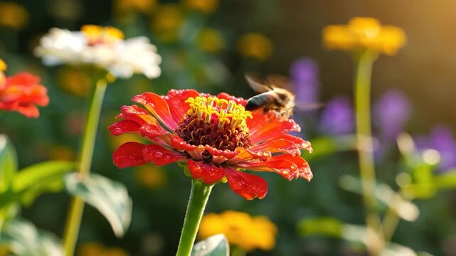 A busy bee collects nectar from a vibrant red flower in a sunny garden