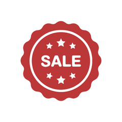 Obraz premium Red and white sale badge with circular design and scalloped edges featuring bold white text and decorative stars for promotional use