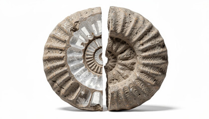 Captivating cross-section of an ancient ammonite fossil, revealing intricate natural history and stunning geological patterns