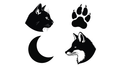 Silhouettes of a cat, a paw print, a moon, and a fox head isolated on white background, Vector