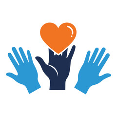 Obraz premium Hands reaching for orange heart symbol on white background icon