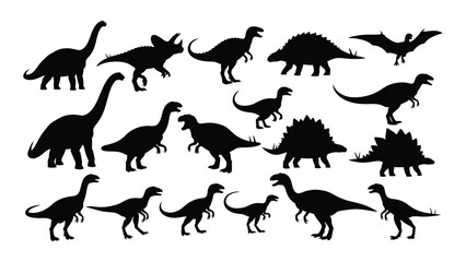 A diverse collection of various dinosaur silhouettes in a playful arrangement. isolated on white background, Vector © SILHUETTECHEMBER