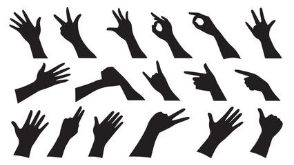 Set of hand gestures and signs in black silhouette vector illustration