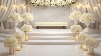 Wedding Stage with White Roses and Marble Backdrop