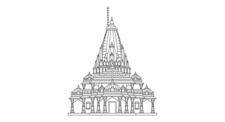 Intricate Indian Temple Architecture Line Art Drawing, Hindu Religious Building