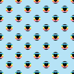 Seamless Queer Pride Flag Pattern with Rainbow Queer Pride Dots and Black Hearts on Light Blue Background. Modern LGBTQ+ Graphic for Pride Month, Queer Celebrations, and Inclusive Creative Designs.
