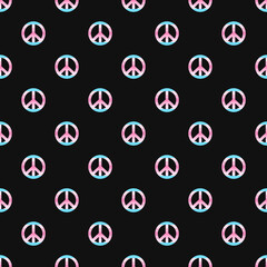 Transfeminine pride flag colors peace symbol seamless pattern. High resolution transfeminine pride motif on black background for LGBTQ+ transfem visibility, activism, and community pride.
