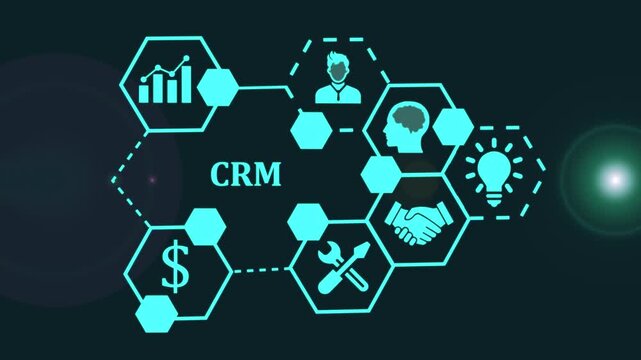 CRM concept with interconnected hexagonal icons and glowing text customer relationship management business