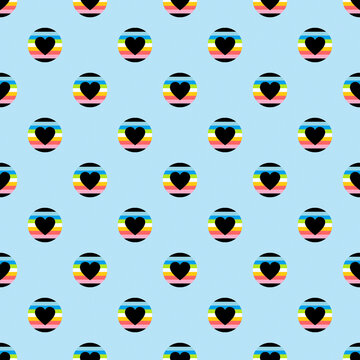 Seamless Queer Pride Flag Pattern with Rainbow Queer Pride Dots and Black Hearts on Light Blue Background. Modern LGBTQ+ Graphic for Pride Month, Queer Celebrations, and Inclusive Creative Designs.
