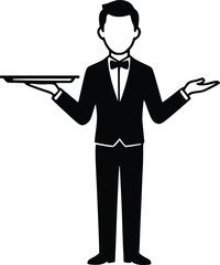 Waiter Serving Food on Tray, Black and White Vector Icon, Elegant Silhouette of Restaurant Staff Offering Service, Isolated Illustration for Hospitality and Catering Concepts