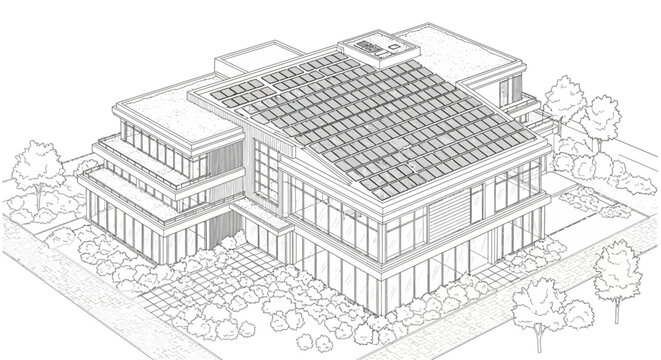 Architectural drawing of a modern building with solar panels and landscaping.