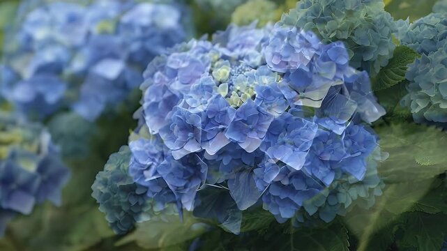 A captivating close-up reveals a lush cluster of vibrant blue hydrangea flowers, each delicate petal unfurling in exquisite detail. The rich, verdant green leaves provide a striking contrast, enhancin