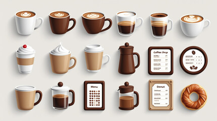 Obraz premium A set of colorful coffee cups and donuts on a menu board