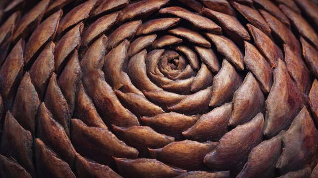 Pine cone scales, geometric spiral pattern, macro brown nature