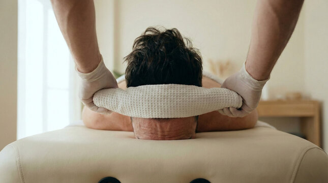 Therapist Performing Gentle Cervical Traction with Towel on Patient Neck