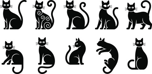 Cute cat silhouette collection with different poses, sitting, jumping and decorative feline shapes vector illustration isolated on white background © Ideasy Mind